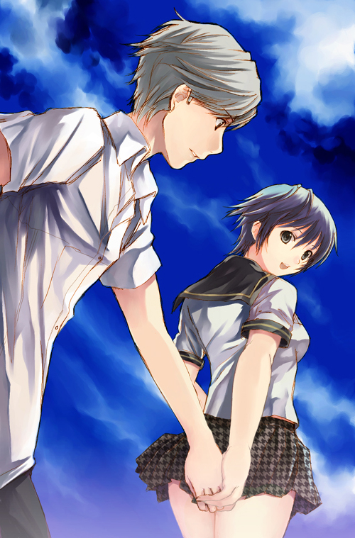 seiru (prairie), narukami yu, shirogane naoto, atlus, persona, persona 4, 1boy, 1girl, black eyes, blue eyes, blue hair, bob cut, cloud, couple, day, dress shirt, from below, grey hair, hetero, holding hands, houndstooth, looking back, miniskirt, plaid clothes, plaid skirt, pleated skirt, school uniform, serafuku, shirt, short hair, sidelocks, skirt, sky, smile, unmoving pattern