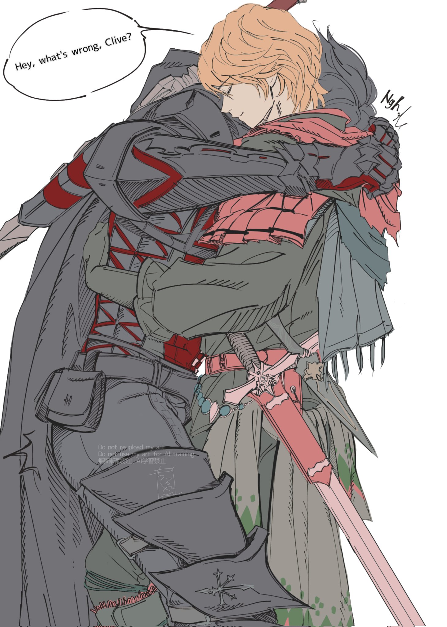 clive rosfield, joshua rosfield, final fantasy, final fantasy xvi, highres, 2boys, armor, armored boots, armored gloves, black armor, black cloak, black gloves, black hair, black shirt, blonde hair, boots, brothers, cloak, closed eyes, cohihikari, english text, gloves, hair between eyes, hug, light smile, male focus, multiple boys, neckerchief, red neckerchief, red vest, shirt, short hair, siblings, sword, vest, weapon, white background