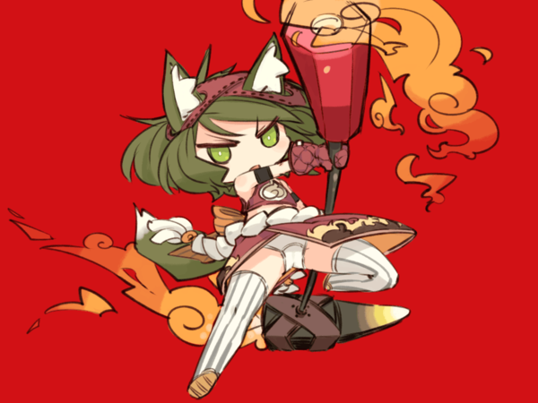 mota, 1girl, animal ears, female focus, fire, full body, green eyes, green hair, hammer, matching hair/eyes, panties, ribbon, short hair, simple background, solo, tail, thighhighs, underwear