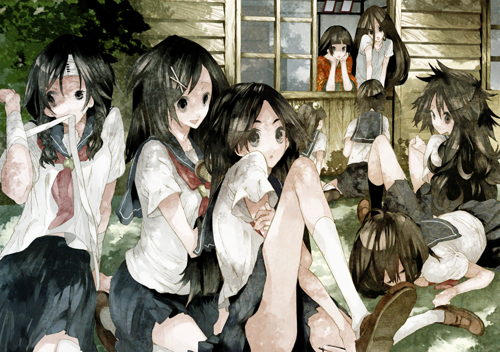 mercre, fuura kafuka, hitou nami, honoi shun, itoshiki rin, kitsu chiri, kitsu tane, kobushi abiru, komori kiri, otonashi meru, tsunetsuki matoi, sayonara zetsubou sensei, bad id, bad pixiv id, character request, 00s, 6+girls, alternate hairstyle, bandages, black hair, black socks, everyone, genderswap, genderswap (mtf), long hair, multiple girls, school uniform, serafuku, shoes, short hair, socks