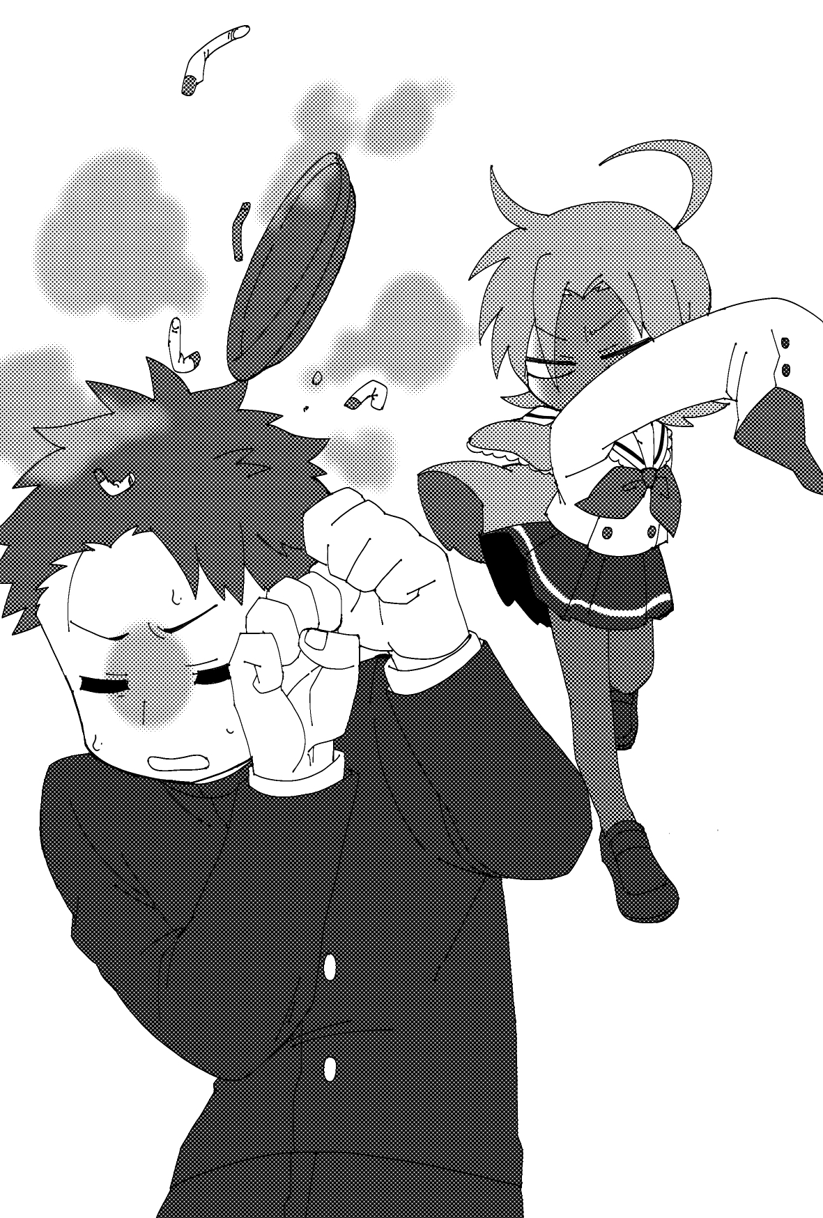 kogami akira, shiraishi minoru, lucky star, highres, 1boy, 1girl, ahoge, angry, ashtray, buttons, cigarette, clenched hands, closed eyes, gakuran, monochrome, neckerchief, pantyhose, pleated skirt, scared, school uniform, shaded face, shoes, skirt, sweat, throwing, user xhvr3878, very long sleeves, white background