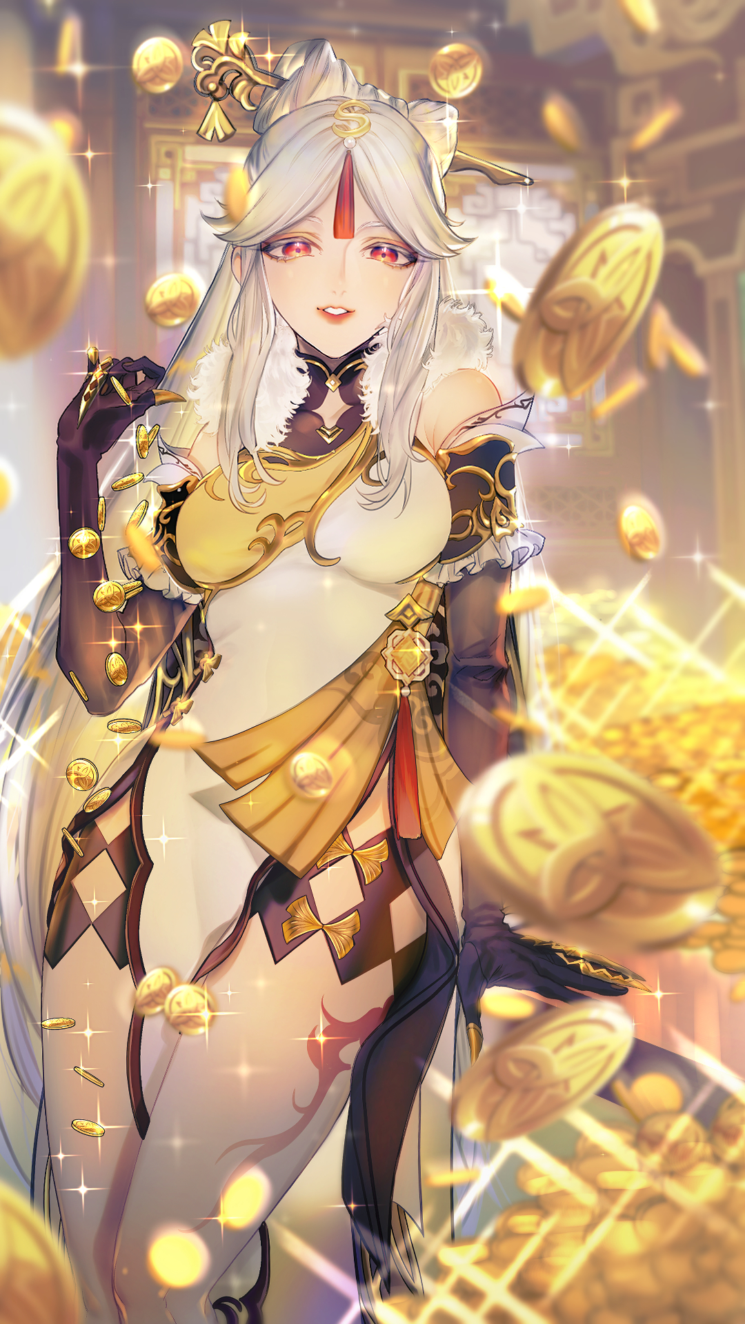 xrjingx, ningguang (genshin impact), genshin impact, chinese commentary, commentary request, highres, 1girl, above-cleavage cutout, armpit crease, bare shoulders, black gloves, black trim, blurry, china dress, chinese clothes, chinese hairpin, claw ring, clothing cutout, coin, colored eyelashes, depth of field, detached sleeves, dress, elbow gloves, eyeliner, falling money, fur-trimmed dress, fur trim, geo symbol (genshin impact), glint, gloves, gold trim, hair ornament, hair stick, hand up, indoors, leg tattoo, long hair, looking at viewer, makeup, mora (genshin impact), parted bangs, parted lips, red eyeliner, red eyes, red lips, short sleeves, side slit, sleeveless, sleeveless dress, solo, standing, tassel, tassel hair ornament, tattoo, vision (genshin impact), white dress, white hair