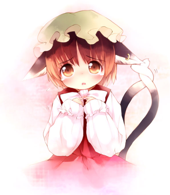 kito (sorahate), chen, touhou, bad id, bad pixiv id, 1girl, animal ears, bow, bowtie, brown eyes, brown hair, cat ears, cat girl, cat tail, female focus, hat, multiple tails, short hair, solo, tail, tears