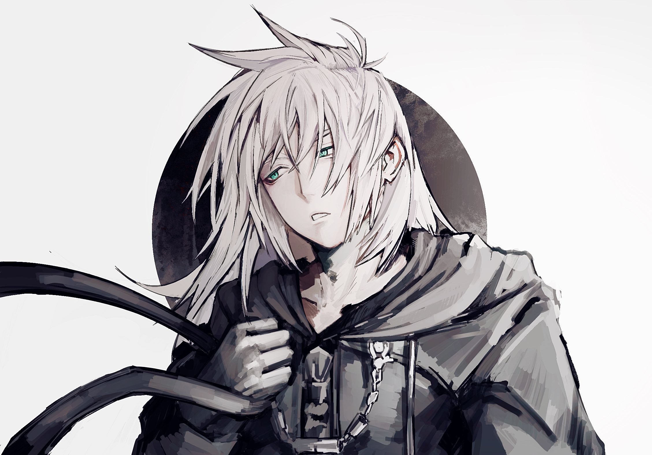 cho5782, riku (kingdom hearts), kingdom hearts, kingdom hearts ii, highres, 1boy, aqua eyes, black gloves, black robe, gloves, grey hair, hair between eyes, holding blindfold, hood, hood down, hooded robe, long hair, looking to the side, male focus, parted lips, robe, solo, upper body, white background