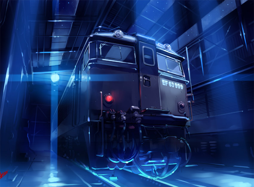vania600, bad id, bad pixiv id, indoors, locomotive, night, no humans, railroad tracks, scenery, train