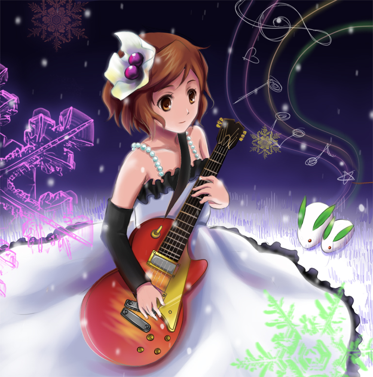 w rong, hirasawa yui, don't say "lazy", k-on!, bad id, bad pixiv id, 00s, 1girl, brown eyes, brown hair, dress, female focus, guitar, instrument, short hair, snow rabbit, solo