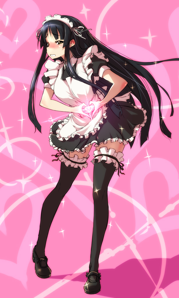 nekomamire, akiyama mio, k-on!, 00s, 1girl, alternate costume, apron, black eyes, black hair, black thighhighs, blunt bangs, blush, dress, enmaided, female focus, frilled thighhighs, frills, full body, heart, heart hands, hime cut, legs, long hair, maid, maid apron, maid headdress, mary janes, moe moe kyun!, shoes, short dress, solo, standing, thighhighs, very long hair, zettai ryouiki