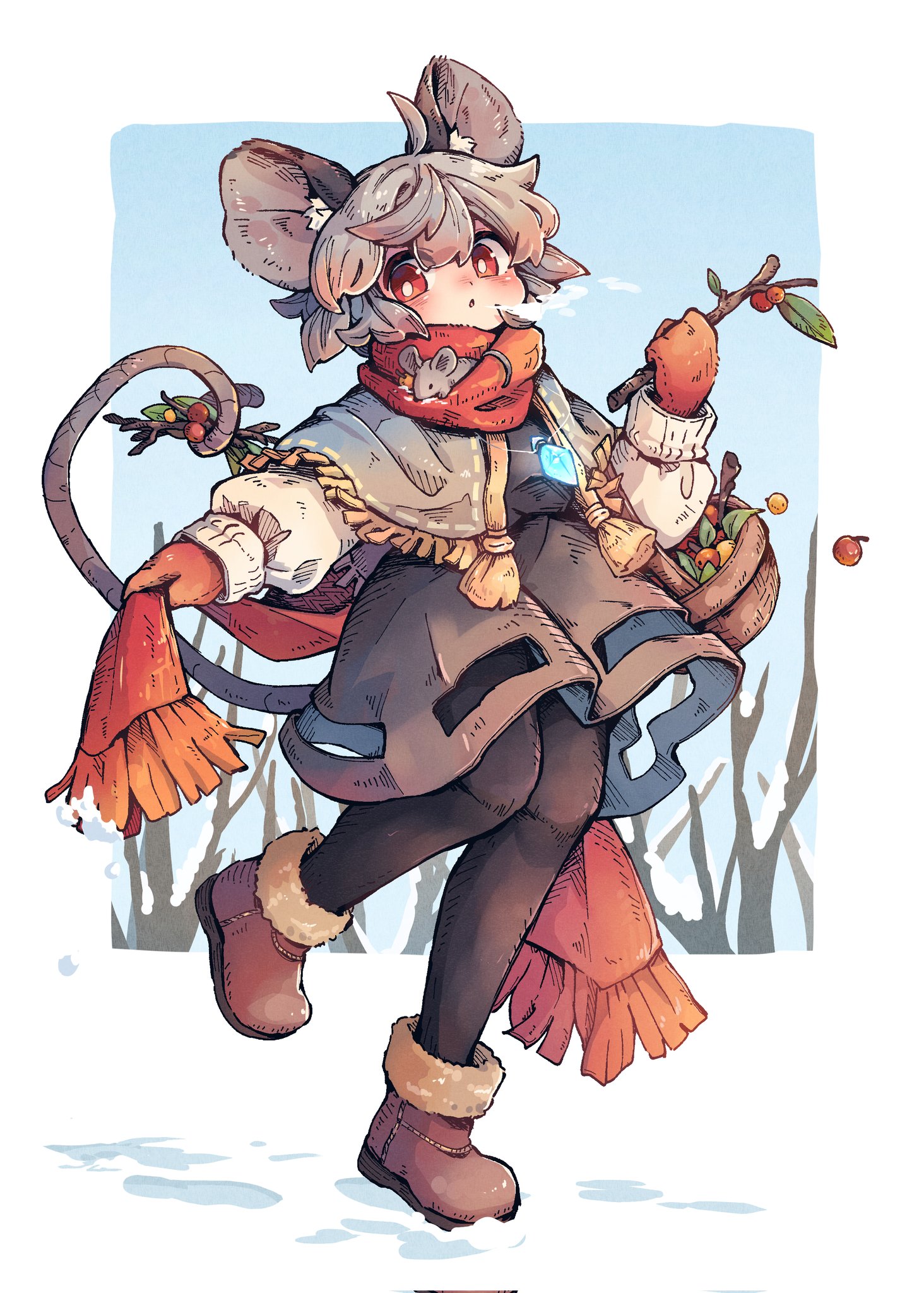 mame komari, nazrin, touhou, crystal necklace, commentary request, highres, 1girl, :o, adapted costume, adjusting scarf, ahoge, animal ear fluff, animal ears, bare tree, basket, black pants, blue capelet, blue sky, blush, boots, border, branch, brown boots, capelet, dress, floating hair, footprints, fruit basket, glowing crystal, gradient capelet, grey capelet, grey dress, grey hair, holding, holding branch, holding with tail, jacket, long sleeves, looking back, mittens, mouse (animal), mouse ears, mouse girl, mouse tail, open mouth, pants, prehensile tail, puffy long sleeves, puffy sleeves, red eyes, red mittens, red scarf, scarf, short hair, sky, snow, snow boots, tail, tree, white border, white jacket, yellow trim