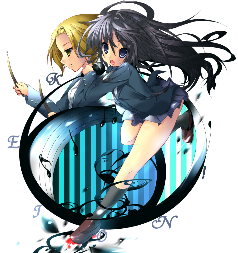 ouki, akiyama mio, tainaka ritsu, k-on!, bad id, bad pixiv id, 00s, 2girls, black hair, blazer, blue eyes, drumsticks, jacket, long hair, microphone, multiple girls, musical note, school uniform