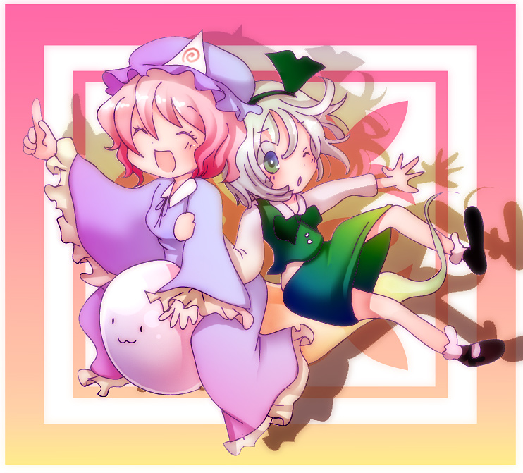 koroneri, konpaku youmu, konpaku youmu (ghost), saigyouji yuyuko, touhou, silver hair, 2girls, :3, blush, chibi, closed eyes, dress, female focus, frilled dress, frilled sleeves, frills, green eyes, green skirt, hair ribbon, hairband, hat, hitodama, index finger raised, long sleeves, multiple girls, one eye closed, open mouth, pink hair, ribbon, shoes, short hair, skirt, smile, socks, triangular headpiece