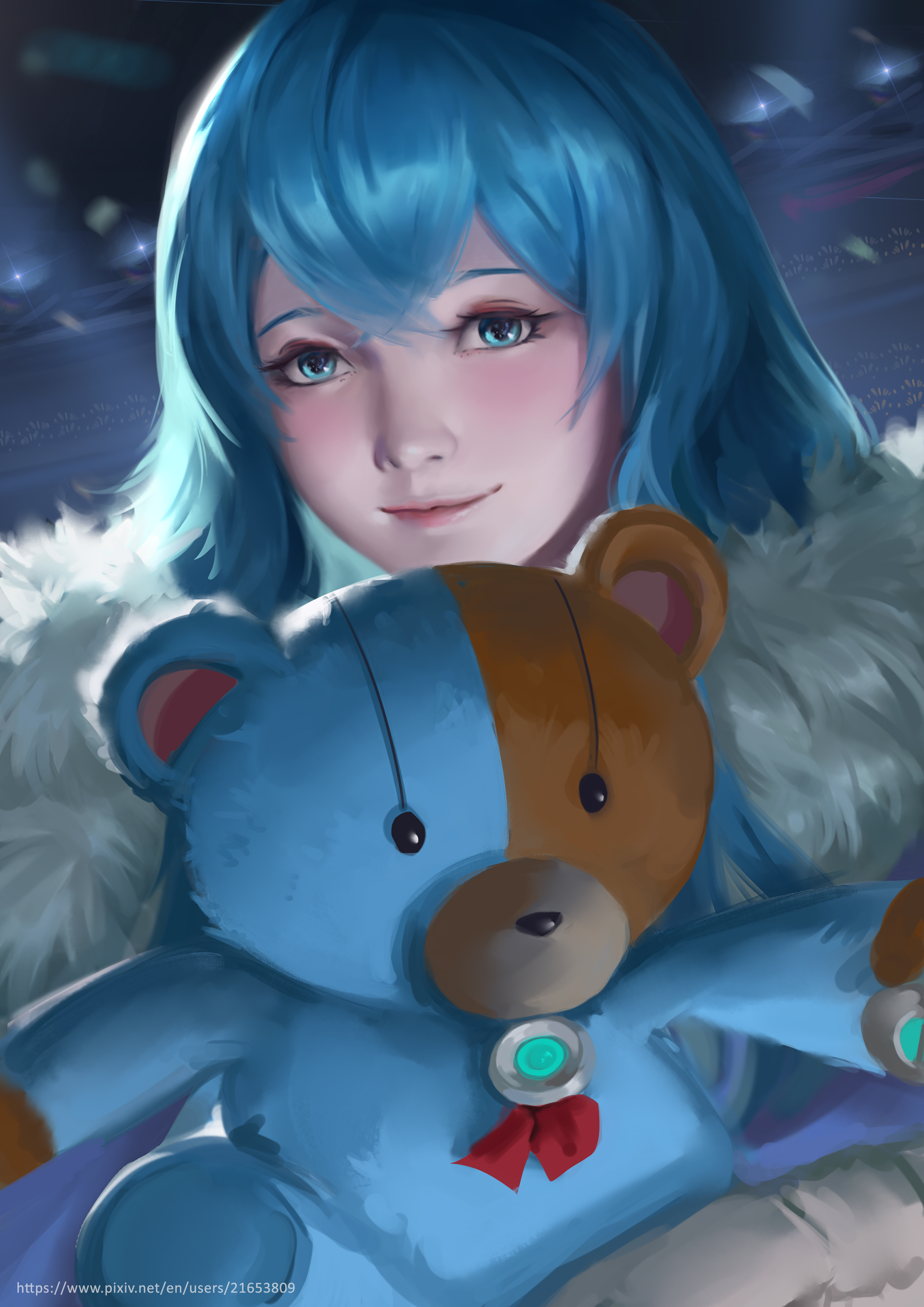 haarrisb, matsumoto (vivy), vivy, vivy: fluorite eye's song, absurdres, highres, 1girl, amulet, blue eyes, blue hair, blush, closed mouth, fur trim, long hair, looking at viewer, smile, solo, stuffed animal, stuffed toy, teddy bear