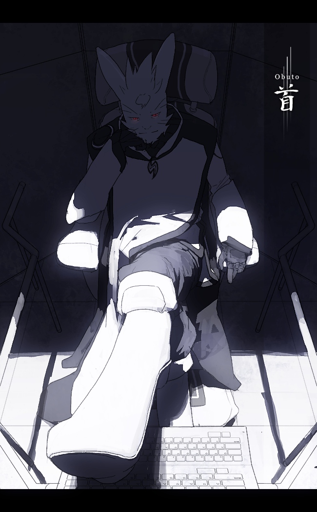 tsukuba masahiro, robo to usakichi, 1boy, animal ears, boots, computer keyboard, feet on table, furry, furry male, gloves, instrument, keyboard, male focus, rabbitman, red eyes, shade, solo