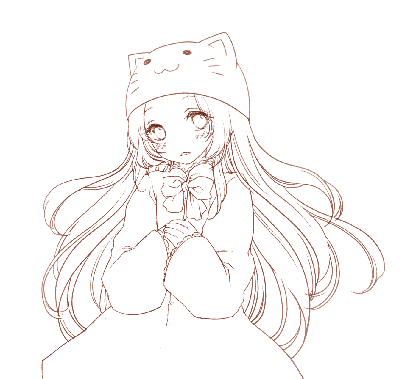 fuuka (fukasheu), megurine luka, megurine luka (toeto), toeto (vocaloid), vocaloid, highres, animal hat, cat hat, hat, long hair, monochrome, sketch, solo, very long hair