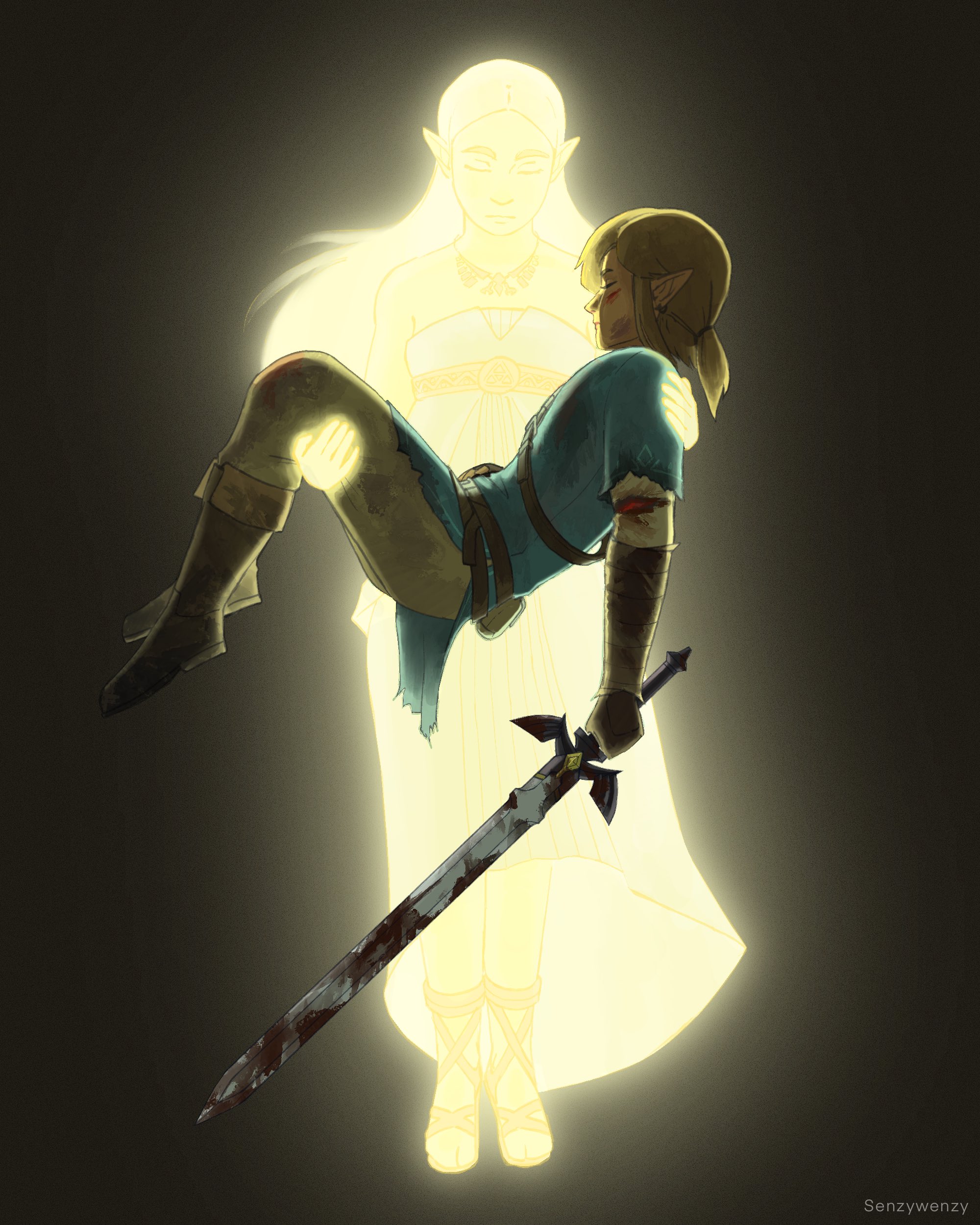 senzywenzy, link, princess zelda, nintendo, the legend of zelda, the legend of zelda: breath of the wild, absurdres, highres, 1boy, 1girl, aqua tunic, artist name, blonde hair, blood, bloody weapon, boots, breasts, brown boots, carrying, closed eyes, dirty, dirty clothes, dirty face, dress, earrings, floating, full body, gladiator sandals, glowing, grey pants, holding, holding sword, holding weapon, jewelry, long dress, long hair, low ponytail, master sword, medium breasts, medium hair, necklace, pants, parted bangs, pointy ears, ponytail, princess carry, sandals, sidelocks, strapless, strapless dress, sword, tunic, weapon, white dress