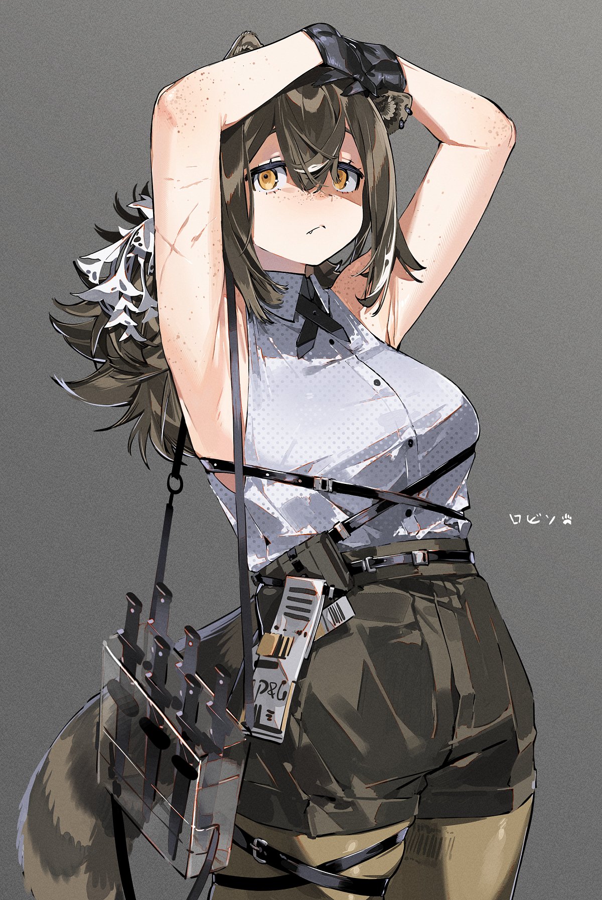 ierotak, robin (arknights), arknights, commentary, highres, redrawn, 1girl, animal ears, armpits, arms up, black gloves, breasts, brown hair, brown pantyhose, collared shirt, freckles, gloves, grey background, hair between eyes, high-waist shorts, looking at viewer, medium breasts, orange eyes, pantyhose, scar, scar on arm, shirt, shorts, simple background, sleeveless, sleeveless shirt, solo, tail, white shirt