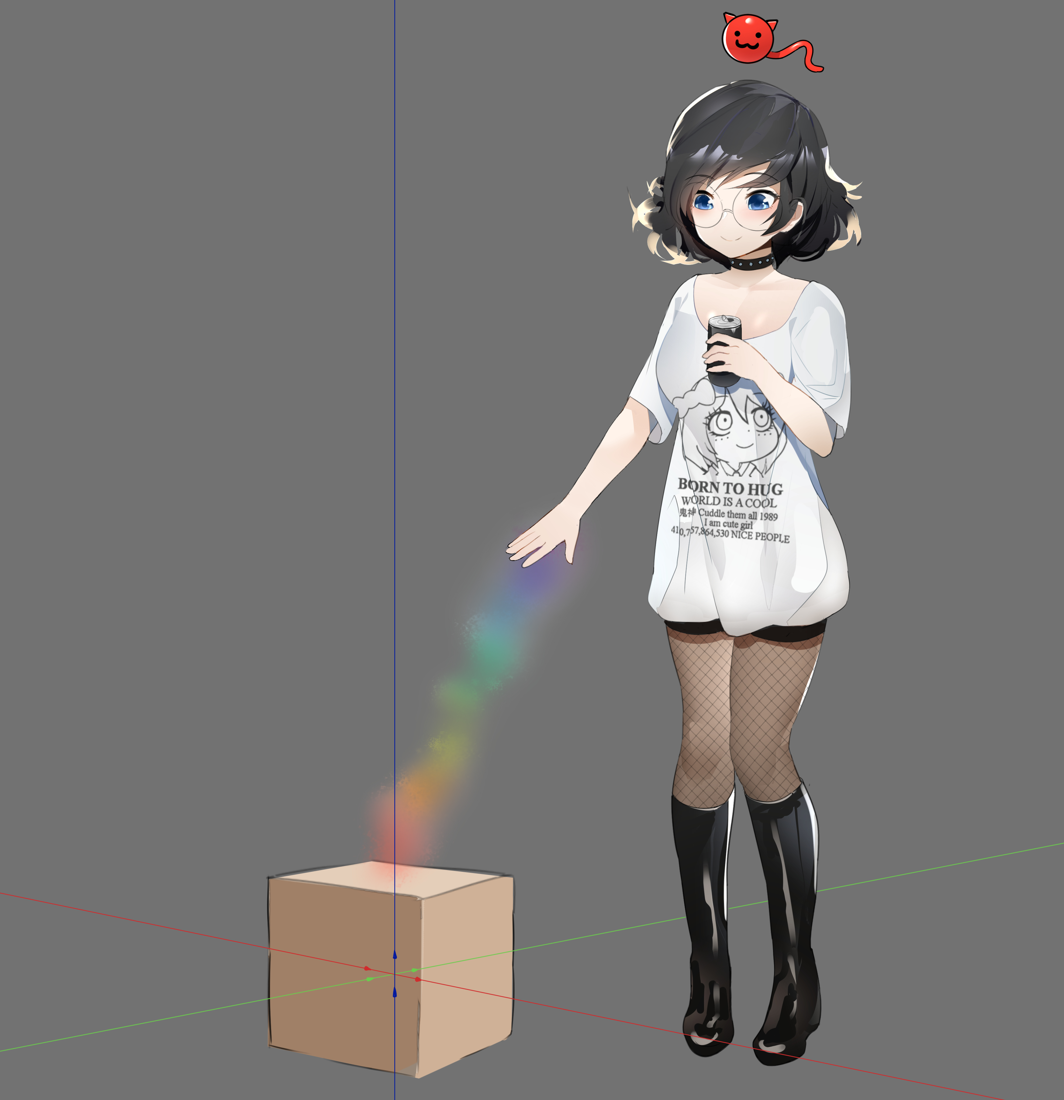 lumpychan, original, absurdres, commentary, english commentary, highres, 1girl, black choker, black hair, black shorts, blue eyes, boots, born to die world is a fuck (meme), box, breasts, can, choker, clothes writing, eyewear visible through hair, fishnet pantyhose, fishnets, full body, glasses, holding, holding can, knee boots, large breasts, medium hair, meme, pantyhose, round eyewear, shirt, short shorts, shorts, solo, t-shirt, white shirt, xyz axis