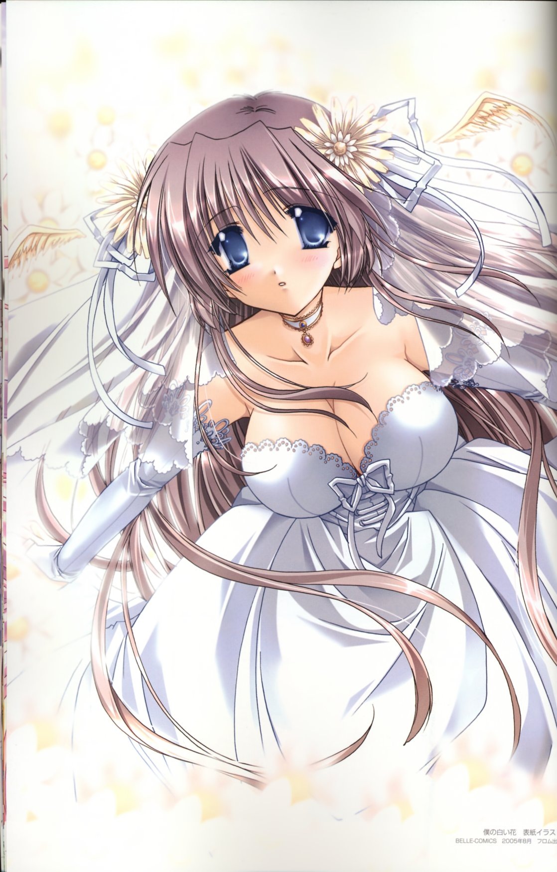 highres, blue eyes, blush, bow, breasts, cleavage, dress, flower, hair bow, jewelry, lace, long hair, necklace, purple hair, wedding dress, white dress, wings