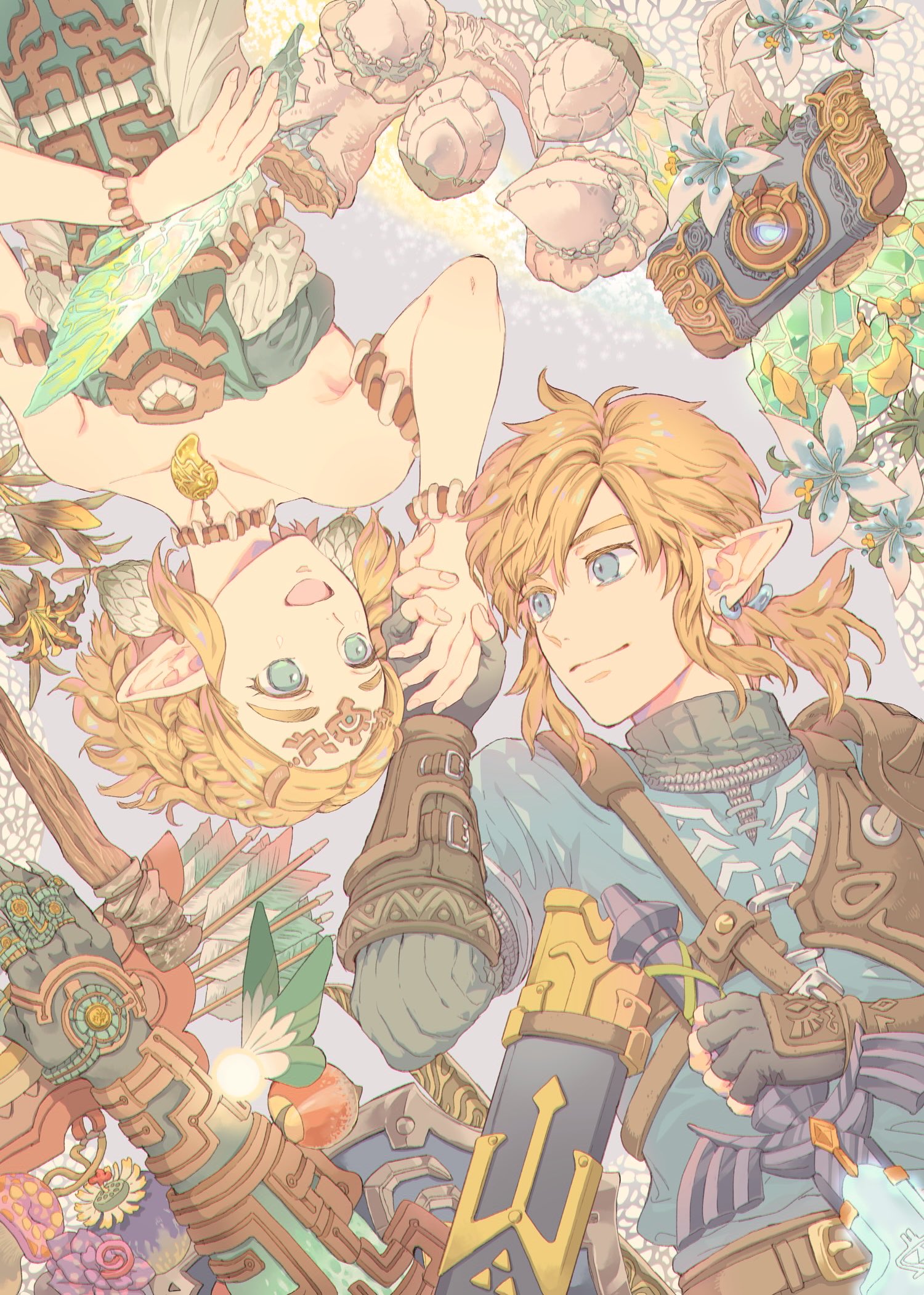 sen (rurekiro), link, navi, princess zelda, nintendo, the legend of zelda, the legend of zelda: tears of the kingdom, highres, 1boy, 1girl, armlet, armor, bare shoulders, black gloves, black sweater, blonde hair, blue eyes, blue tunic, bracelet, braid, breasts, circlet, crown braid, dress, earrings, fairy, fingerless gloves, gloves, green eyes, hair between eyes, hair tie, holding, holding hands, holding sword, holding weapon, jewelry, leather armor, low ponytail, master sword, medium breasts, medium hair, parted bangs, pendant choker, pointy ears, ponytail, short hair, sidelocks, strapless, strapless dress, sweater, sword, tunic, turtleneck, turtleneck sweater, upper body, weapon