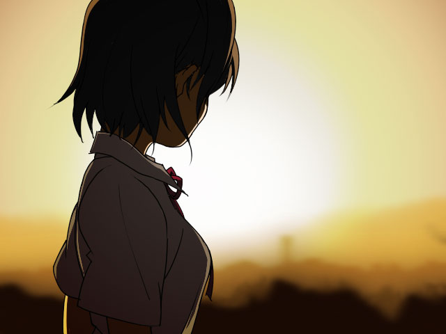 guntank (artist), guntank (guriko), looking away, bad id, bad pixiv id, 1girl, brown hair, female focus, neck ribbon, outdoors, ribbon, school uniform, shirt, short hair, short sleeves, sky, solo, sunset, twilight