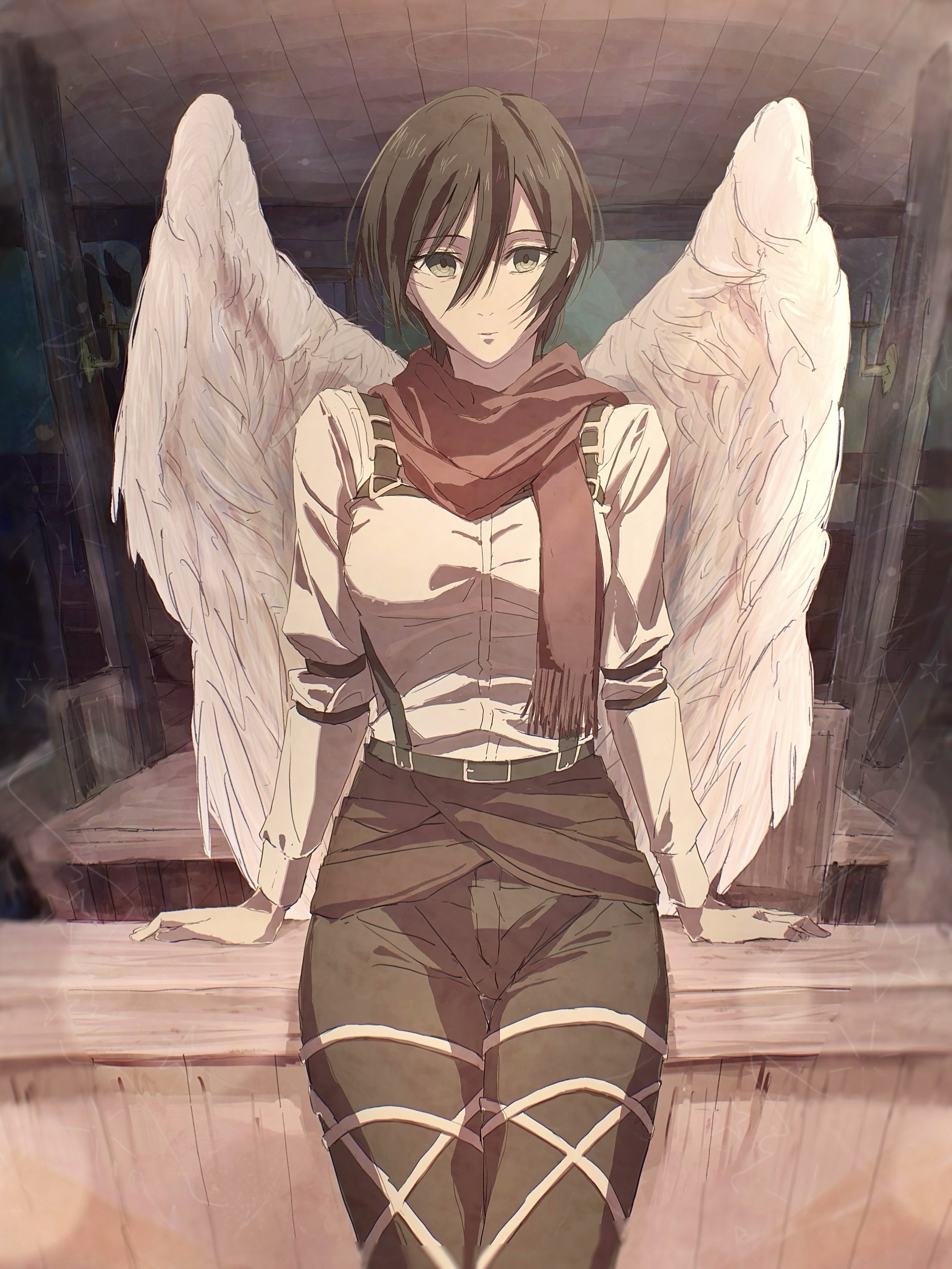 myforuwlglij69i, mikasa ackerman, shingeki no kyojin, absurdres, highres, 1girl, angel wings, black hair, black pantyhose, breasts, closed mouth, facial scar, feathered wings, grey eyes, hair between eyes, looking at viewer, medium breasts, pantyhose, red scarf, scar, scar on cheek, scar on face, scarf, shirt, short hair, sitting, solo, white shirt, white wings, wings
