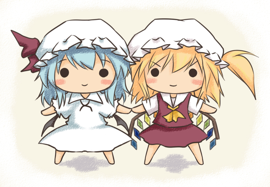 noya makoto, flandre scarlet, remilia scarlet, touhou, 2girls, ascot, bat wings, blonde hair, blue hair, blush stickers, chibi, dress, female focus, multiple girls, siblings, side ponytail, sisters, skirt, skirt set, smile, smirk, solid circle eyes, white dress, wings