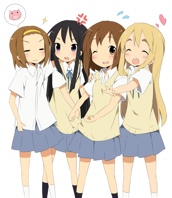 kareha aki, akiyama mio, hirasawa yui, kotobuki tsumugi, tainaka ritsu, k-on!, bad id, bad pixiv id, 00s, 4girls, :3, = =, black eyes, black hair, blonde hair, brown eyes, brown hair, closed eyes, hairband, ho-kago tea time, long hair, multiple girls, one eye closed, pig, school uniform, short hair, wink