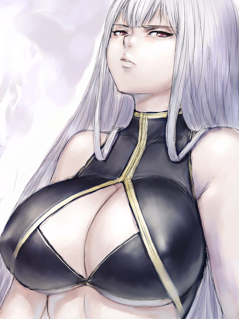 fumio (rsqkr), selvaria bles, senjou no valkyria, senjou no valkyria (series), senjou no valkyria 1, silver hair, 00s, 1girl, bare shoulders, breasts, cleavage, cleavage cutout, clothing cutout, female focus, frown, huge breasts, large breasts, lips, long hair, red eyes, solo, underboob, upper body