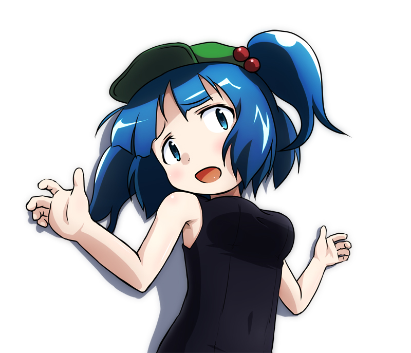 kusaba, kusaba (kusabashiki), kawashiro nitori, touhou, 1girl, black one-piece swimsuit, blue eyes, blue hair, female focus, hair bobbles, hair ornament, hat, matching hair/eyes, one-piece swimsuit, open mouth, school swimsuit, short hair, short twintails, solo, swimsuit, twintails, two side up