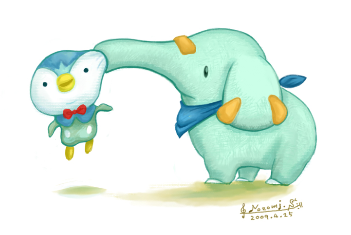 shibuzoh, phanpy, piplup, nintendo, pokemon, 00s, 2009, alternate color, alternate shiny pokemon, bow, bowtie, clothed pokemon, dated, gen 2 pokemon, gen 4 pokemon, neckerchief, no humans, pokemon (creature), signature, simple background