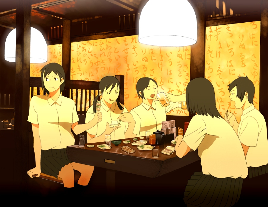 shiira, original, bad id, bad pixiv id, 5girls, black eyes, black hair, chopsticks, drinking, food, multiple girls, plump, restaurant, school uniform, shirt, short hair, skirt, slice of life, yellow theme