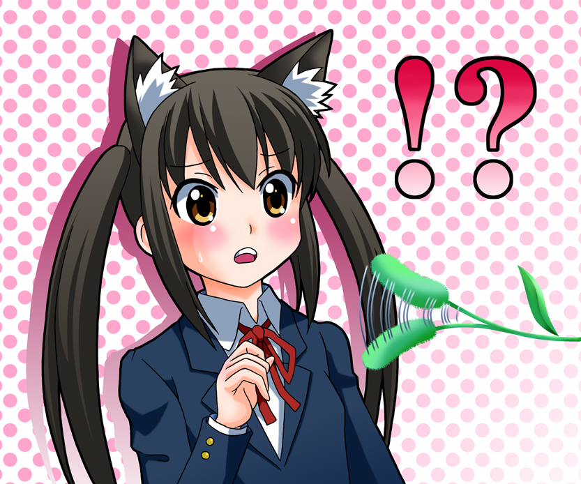 doku donguri, nakano azusa, k-on!, !, 00s, 1girl, ?, animal ears, black hair, brown eyes, cat ears, cat teaser, female focus, long hair, neck ribbon, polka dot, red ribbon, ribbon, sakuragaoka high school uniform, school uniform, solo, twintails