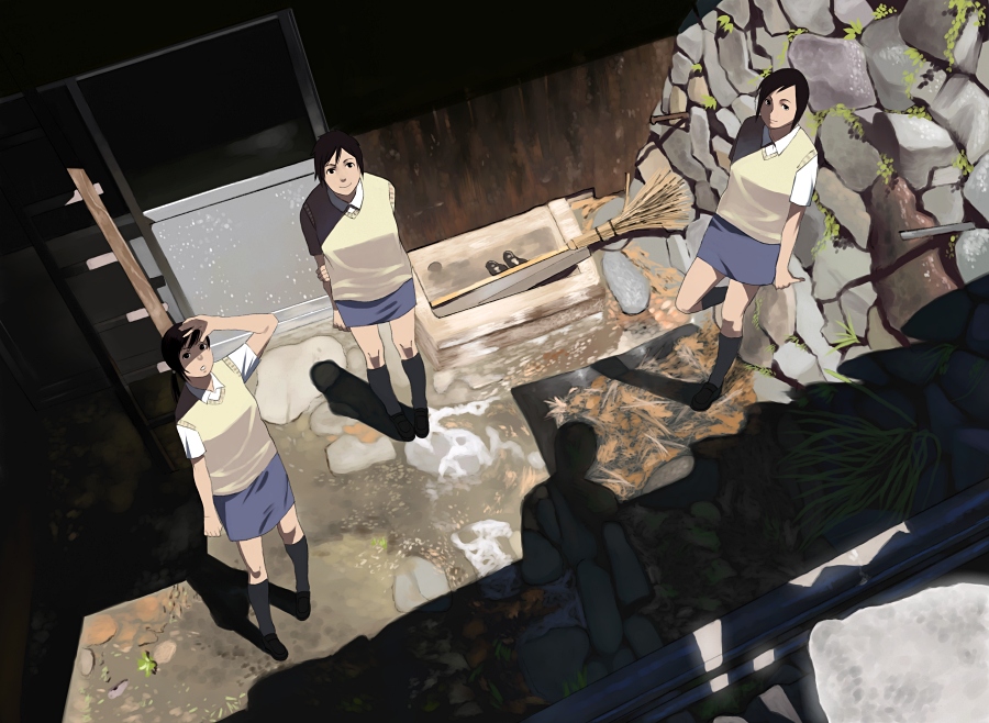 shiira, original, bad id, bad pixiv id, 3girls, black hair, broom, looking up, multiple girls, school uniform, shadow, short hair