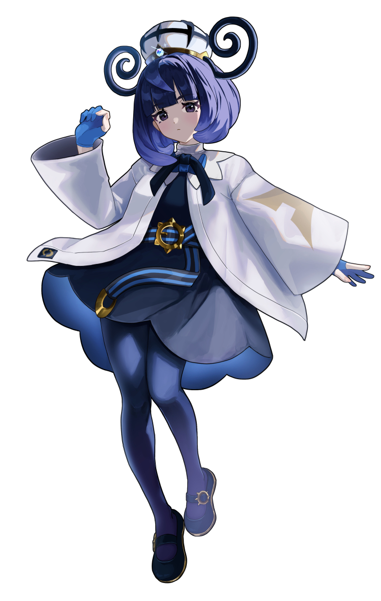 setta shu, gwynn (pokemon), nintendo, pokemon, pokemon legends: z-a, commentary request, highres, 1girl, black dress, blue dress, blue gloves, blue hair, blue pantyhose, blunt bangs, blush, bob cut, closed mouth, coat, dress, full body, gloves, gradient hair, hat, long sleeves, looking at viewer, mega stone, multicolored hair, open clothes, open coat, pantyhose, partially fingerless gloves, purple eyes, purple hair, short hair, simple background, solo, white background, white coat
