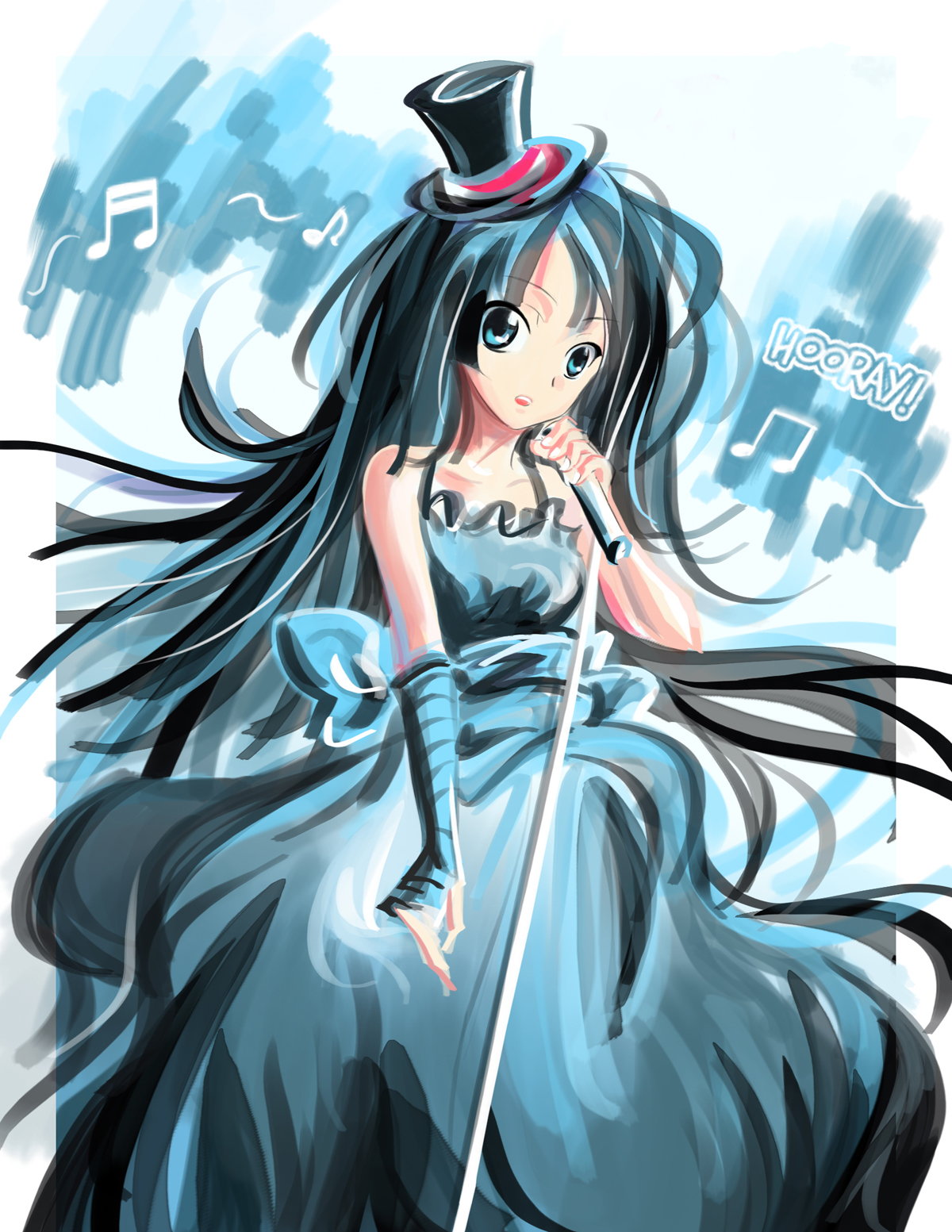 qianshuhao, akiyama mio, don't say "lazy", k-on!, bad id, bad pixiv id, highres, 00s, 1girl, black hair, dress, female focus, hat, long hair, microphone, microphone stand, mini hat, mini top hat, music, singing, solo, top hat
