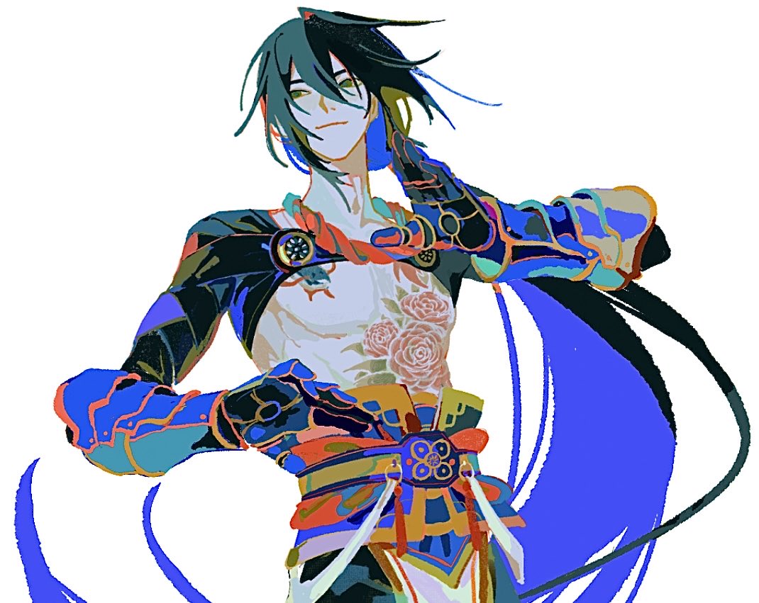 epaya hakase, yan qing (fate), fate/grand order, fate (series), 1boy, black hair, fighting stance, flower tattoo, green eyes, long hair, looking to the side, male focus, ponytail, simple background, smirk, solo, tattoo, toned, toned male, upper body, white background