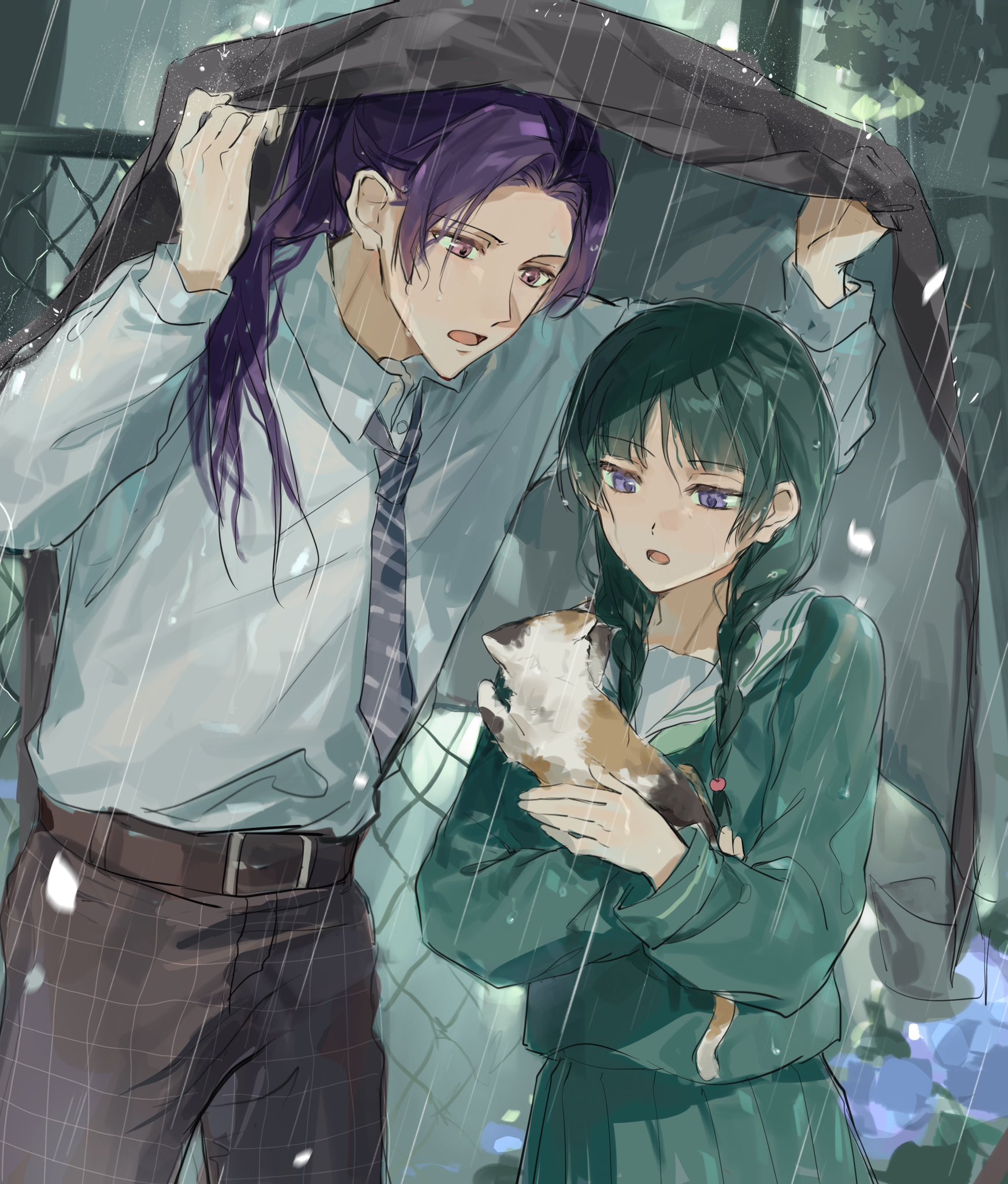 yuikisezu, jinshi (kusuriya no hitorigoto), maomao (kusuriya no hitorigoto), kusuriya no hitorigoto, highres, 1boy, 1girl, animal, beads, belt buckle, black jacket, black pants, blue eyes, buckle, cat, chain-link fence, collared shirt, fence, green hair, green necktie, green serafuku, green shirt, green skirt, grid print, hair beads, hair ornament, hair over shoulder, holding, holding animal, holding cat, jacket, necktie, open mouth, pants, parted bangs, pink eyes, ponytail, print pants, purple hair, rain, sailor collar, school uniform, serafuku, shirt, sidelocks, skirt, striped necktie, upper body, wet, wet hair, white sailor collar, white shirt