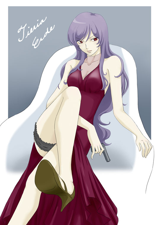 kasei, kasei (4n0n0me), tieria erde, gundam, gundam 00, 00s, 1boy, crossdressing, crossdressing (mtf), garter belt, gun, high heels, long hair, male focus, purple hair, shoes, solo, weapon