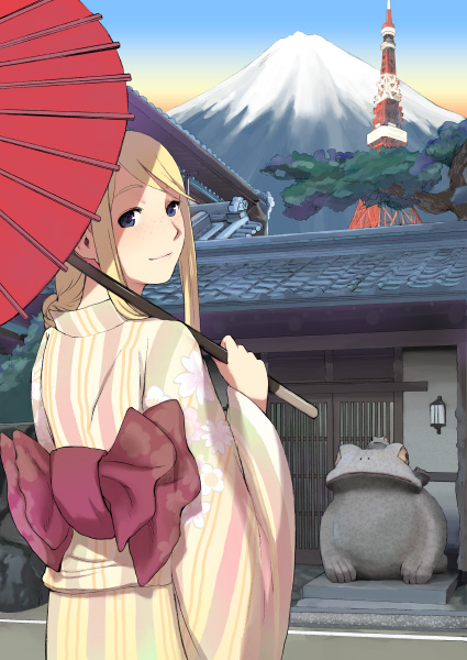 morifumi, 1girl, blonde hair, blue eyes, female focus, freckles, frog, japanese clothes, kimono, looking back, mount fuji, oil-paper umbrella, parasol, radio tower, shade, solo, tokyo tower, umbrella