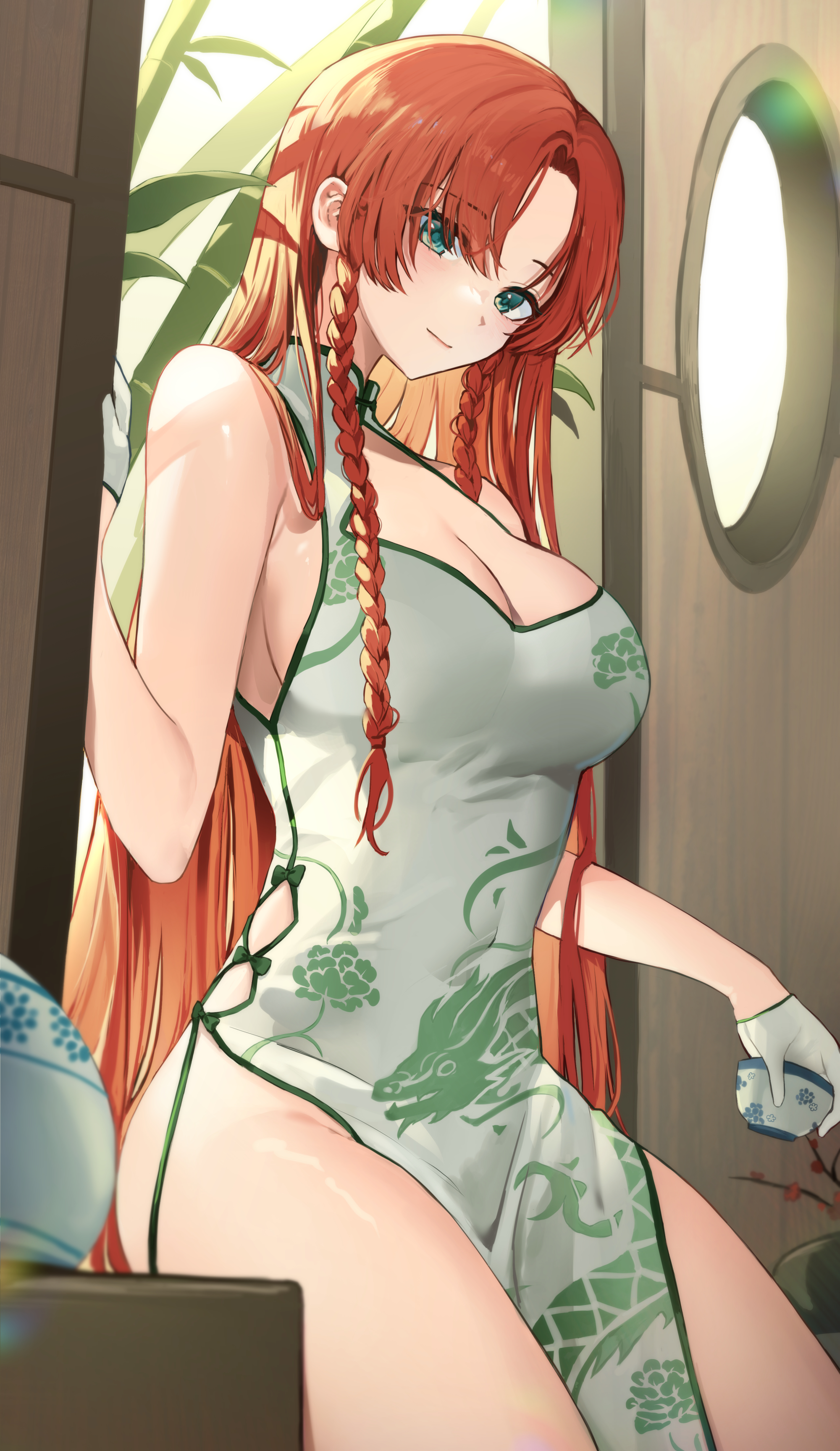 sarukana, hong meiling, touhou, absurdres, hashtag-only commentary, highres, 1girl, alternate costume, bamboo, bare shoulders, blurry, blurry foreground, braid, breasts, china dress, chinese clothes, cleavage, cleavage cutout, closed mouth, clothing cutout, covered navel, cowboy shot, dragon print, dress, floral print, floral print dress, gloves, green eyes, green ribbon, green trim, groin, hand up, large breasts, leaf, light smile, long hair, looking at viewer, mandarin collar, meiling day, no bra, orange hair, parted bangs, pelvic curtain, print dress, ribbon, round window, sitting, sleeveless, sleeveless dress, solo, thighs, twin braids, very long hair, white gloves, window