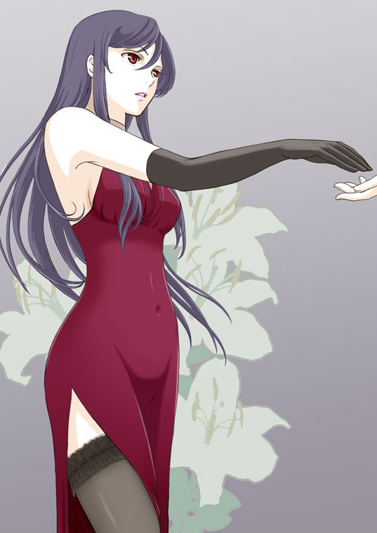 kasei, kasei (4n0n0me), tieria erde, gundam, gundam 00, 00s, 1girl, breasts, crossdressing, crossdressing (ftm), crossdressing (mtf), dress, elbow gloves, female focus, genderswap, genderswap (mtf), gloves, large breasts, long hair, male focus, navel, purple hair, red dress, red eyes, side slit, skin tight, solo, thighhighs