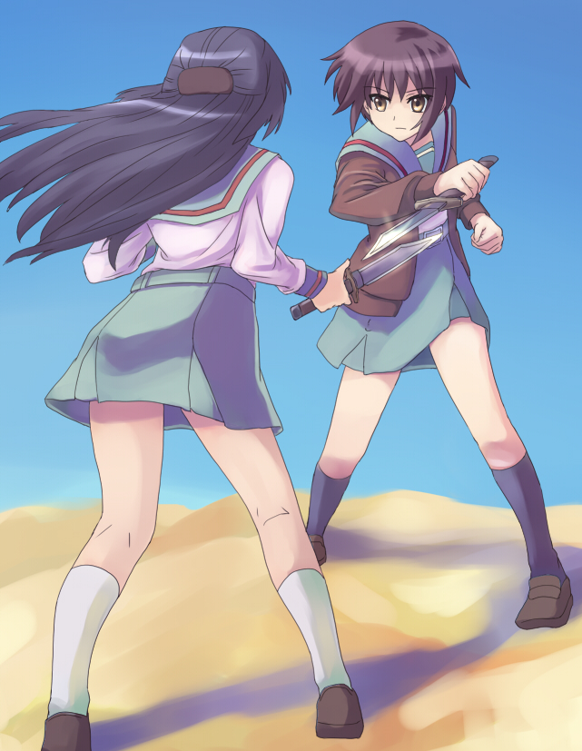 iiru, asakura ryoko, nagato yuki, suzumiya haruhi no yuuutsu, bad id, bad pixiv id, 00s, blue hair, brown eyes, cardigan, confrontation, grey hair, knife, long hair, school uniform, serafuku, short hair