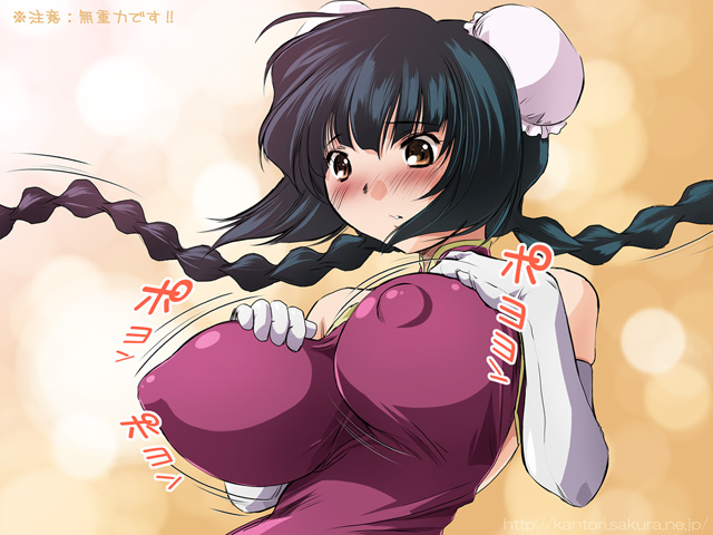 kantori, wang liu mei, gundam, gundam 00, 00s, 1girl, blush, bouncing, braid, breasts, bun cover, china dress, chinese clothes, covered erect nipples, double bun, dress, elbow gloves, female focus, gloves, hair bun, huge breasts, huge nipples, impossible clothes, impossible shirt, long hair, nipples, shirt, solo, twin braids, yellow eyes