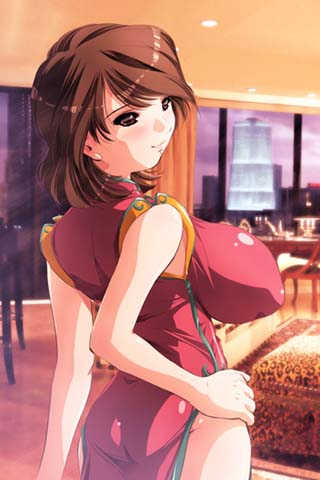kantori, lowres, 1girl, ass, backboob, bed, blush, breasts, brown eyes, brown hair, china dress, chinese clothes, dress, female focus, from behind, hand on own hip, hip focus, hotel room, huge breasts, impossible clothes, impossible dress, looking back, short hair, side slit, smile, solo, thighs, window