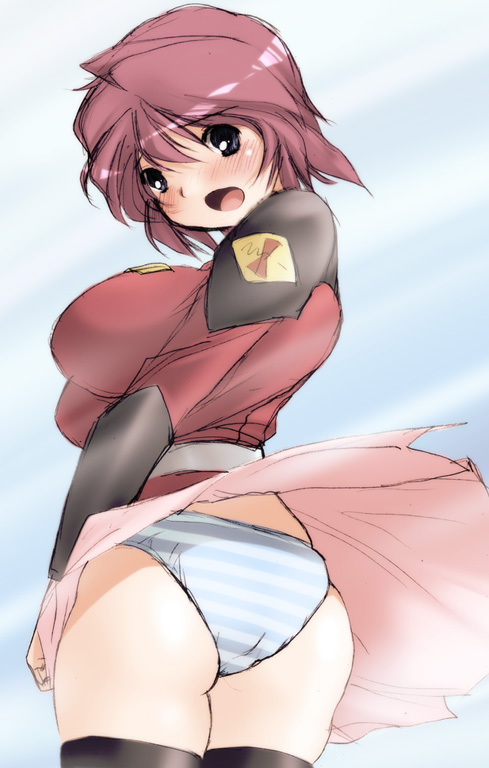 kantori, lunamaria hawke, gundam, gundam seed, gundam seed destiny, 00s, 1girl, ahoge, ass, black thighhighs, blue eyes, blue panties, blush, breasts, covering crotch, covering privates, day, female focus, large breasts, looking back, military, military uniform, open mouth, panties, pantyshot, pink hair, skirt, skirt tug, sky, solo, striped clothes, striped panties, tag, thighhighs, underwear, wind, wind lift
