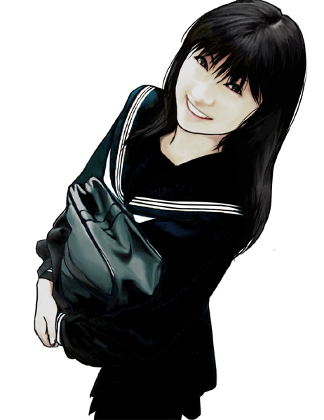guntank (artist), guntank (guriko), bad id, bad pixiv id, 1girl, bag, black hair, duffel bag, female focus, long hair, looking up, realistic, school uniform, serafuku, smile, solo