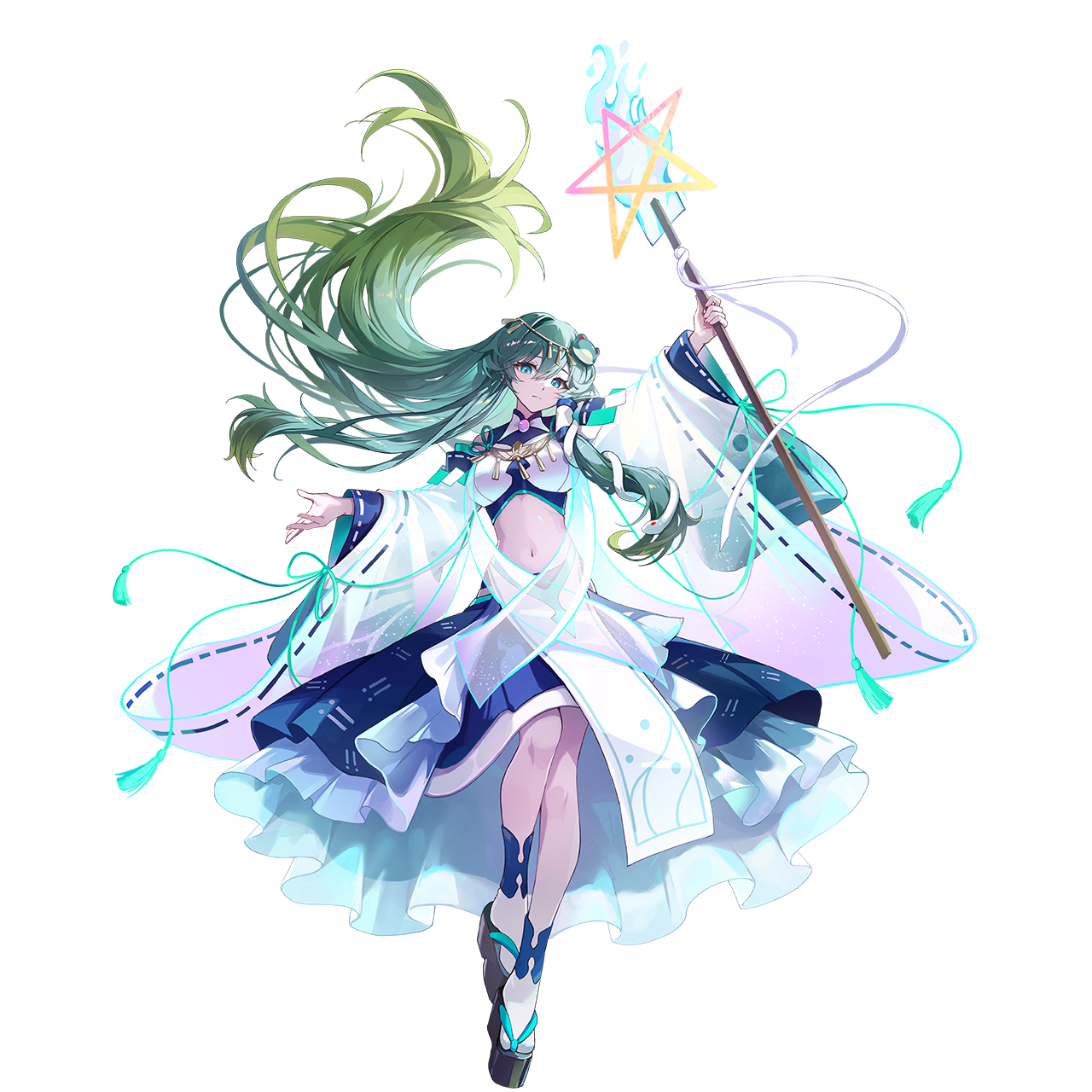 u u zan, kochiya sanae, touhou, touhou gensou eclipse, highres, non-web source, official art, second-party source, 1girl, adapted costume, aqua eyes, blue skirt, closed mouth, detached sleeves, frog hair ornament, full body, gohei, green hair, hair ornament, hair tubes, holding, holding gohei, long hair, looking at viewer, midriff, navel, pentagram, platform sandals, ribbon-trimmed sleeves, ribbon trim, sandals, single hair tube, skirt, snake hair ornament, socks, solo, transparent background, very long hair, white socks, wide sleeves