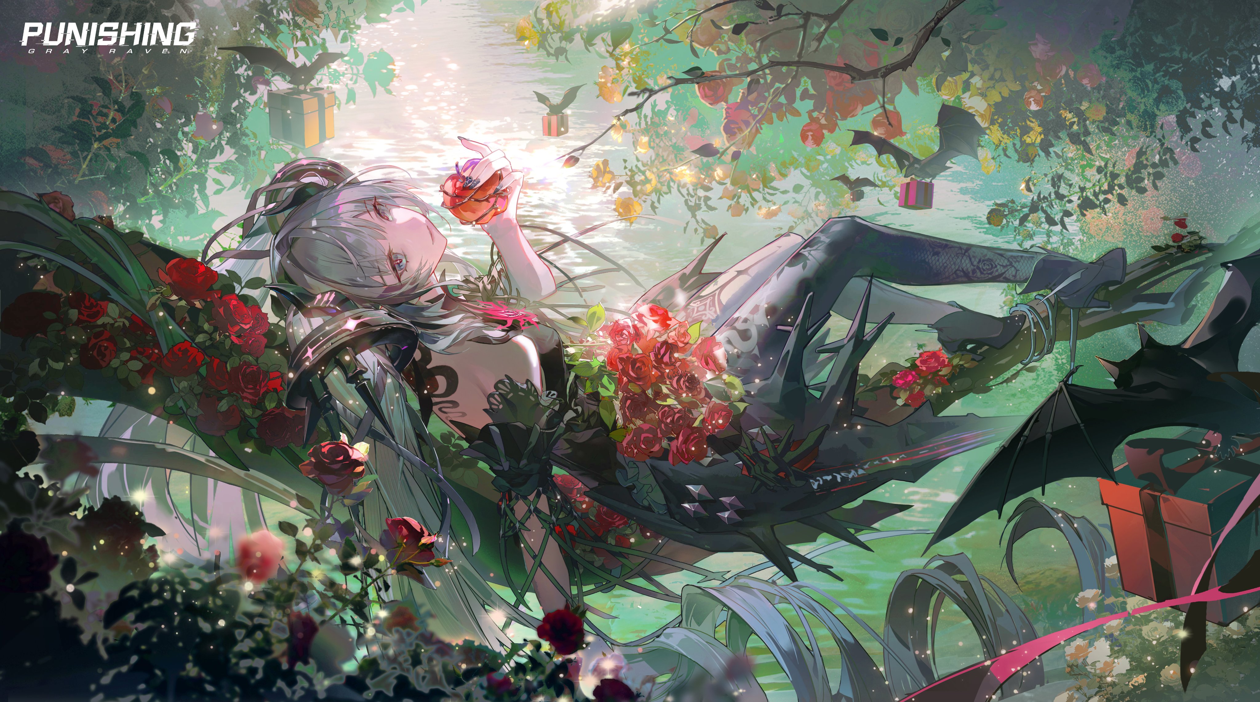 luna: oblivion (tainted moonrise) (pgr), luna (pgr), punishing: gray raven, absurdres, commentary, english commentary, highres, official art, 1girl, absurdly long hair, apple, arm up, bat (animal), black dress, black horns, black nails, black shoes, bouquet, box, branch, closed mouth, copyright name, dress, drill hair, fingernails, flower, food, fruit, full body, gift, gift box, grey eyes, grey hair, hair intakes, headgear, high heels, holding, holding food, holding fruit, horns, leaning back, long hair, looking at viewer, looking back, nail polish, nature, outdoors, plant, red flower, red rose, rose, shoes, sitting, sitting on branch, solo, twintails, very long hair, vines, water
