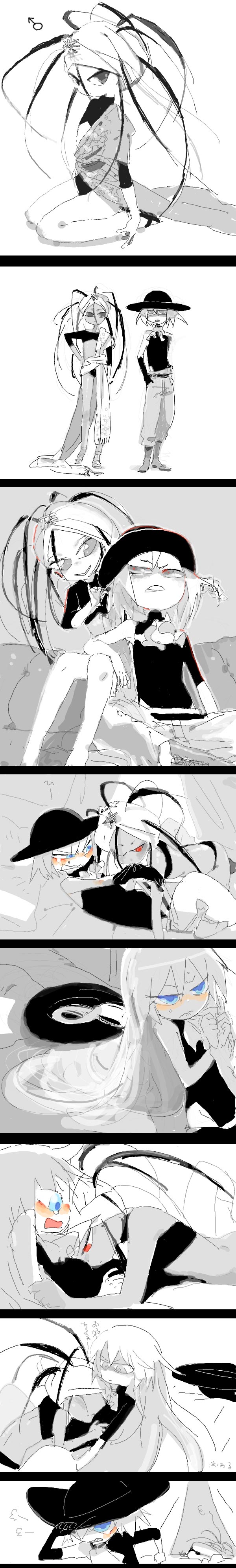 yutaka, yutaka7, original, absurdres, commentary, gender request, highres, long image, tall image, androgynous, blue eyes, blush, comic, greyscale, hat, long hair, monochrome, red eyes, silent comic, turban