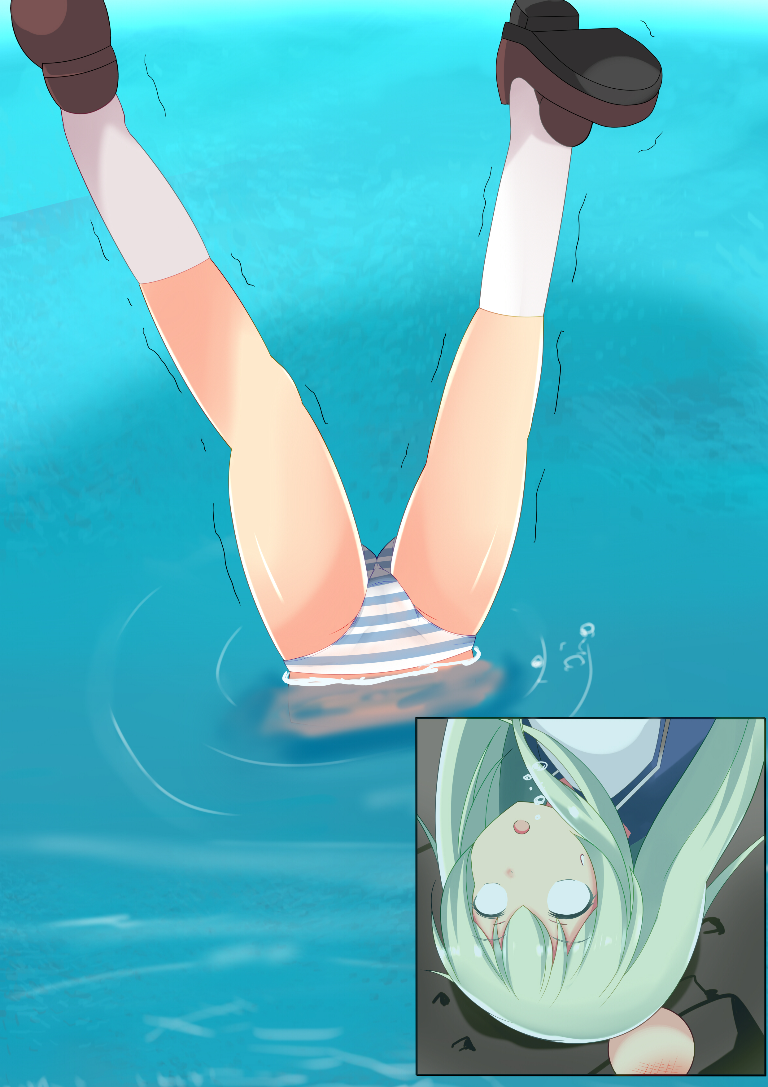 onaho (otayoku), kochiya sanae, touhou, absurdres, commission, highres, pixiv commission, inugami-ke no ichizoku pose, panties, school uniform, serafuku, striped clothes, striped panties, underwater, underwear
