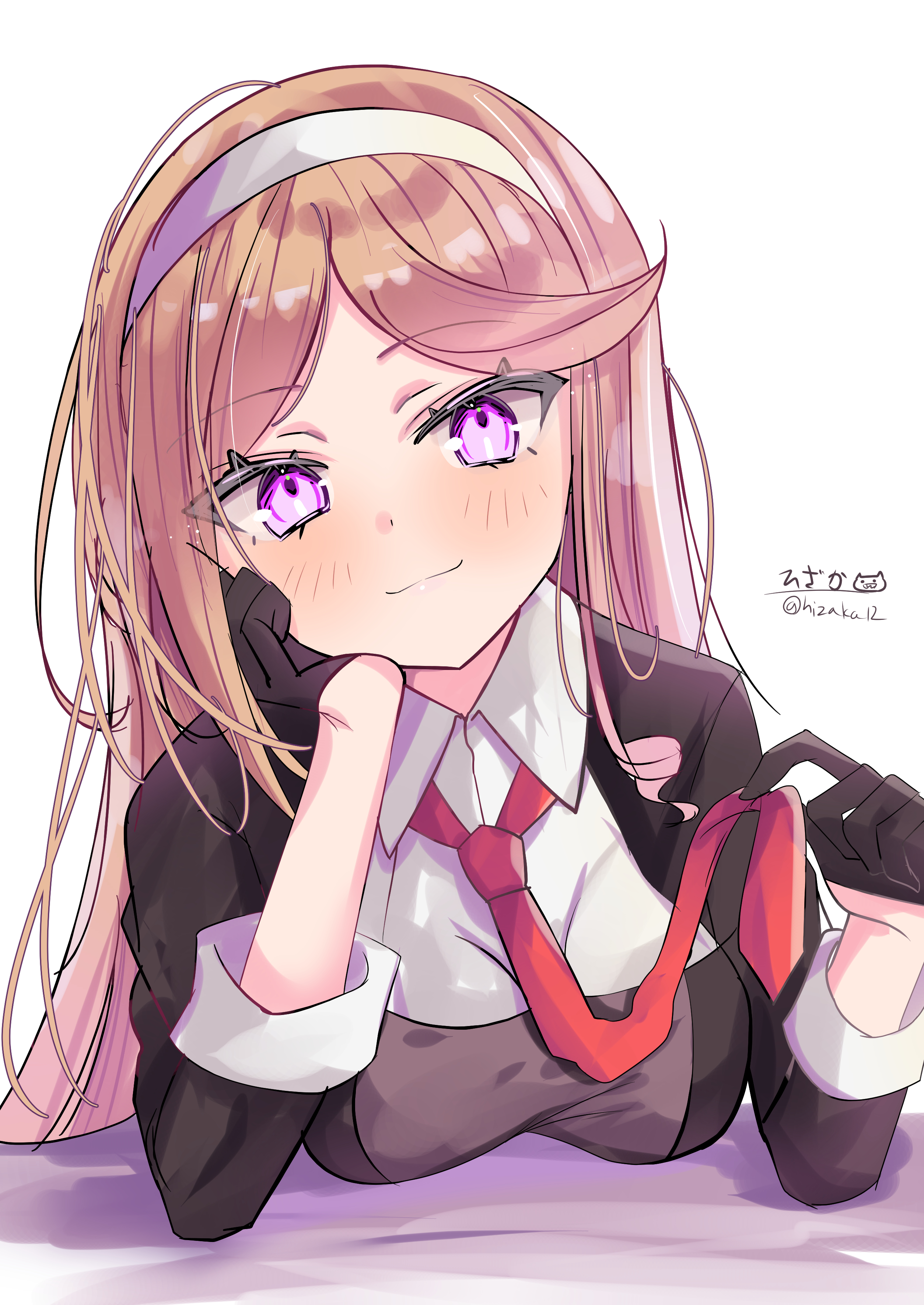 hizaka, yuugure (kancolle), kantai collection, absurdres, highres, 1girl, black gloves, dress shirt, gloves, hairband, head rest, leaning forward, long hair, looking at viewer, necktie, orange hair, pink eyes, shirt, smile, solo, twitter username, upper body